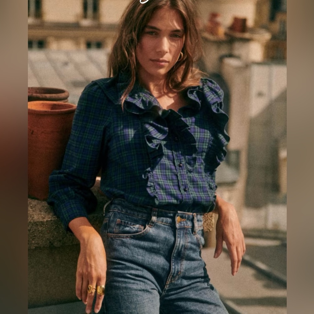 Sezane Navy and Green Plaid Ruffled Button-Up Blouse